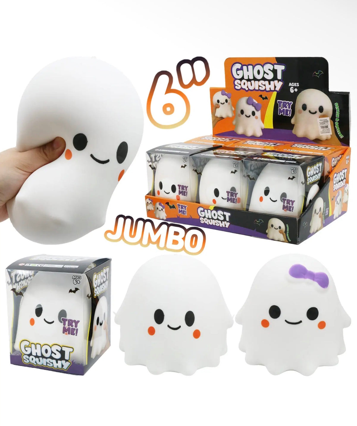 6” Giant Jumbo Cute Ghost Squishy Toy | Flour-Filled Sensory Fidget Relief