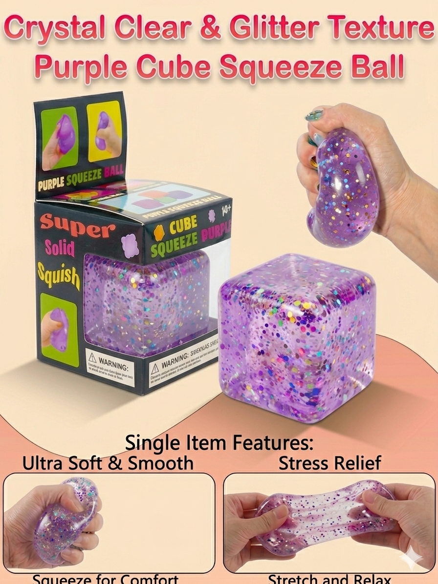 Large Glitter Cube Stress Ball Sensory Toy Ultra-Soft TPR Sugar Maltose Squish Fidget 5.5cm