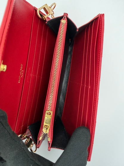 Yves Saint Laurent (YSL) Red Chevron Quilted Leather Envelope Chain Wallet (WOC) - Authentic, Pre Loved
