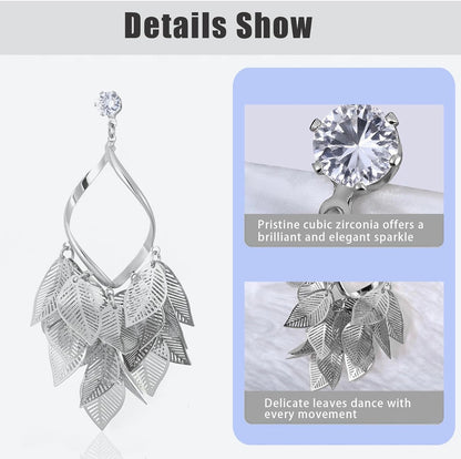 Silver Leaf Dangle Earrings for Women Nature-Inspired 925 Sterling Silver Twisted Chandelier Jewelry with Cubic Zirconia
