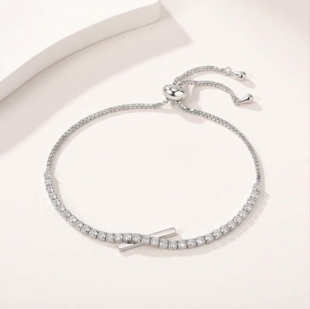 Sterling Silver Tennis Bracelet for Women – Adjustable Sparkling Cubic Zirconia Bolo Bracelet