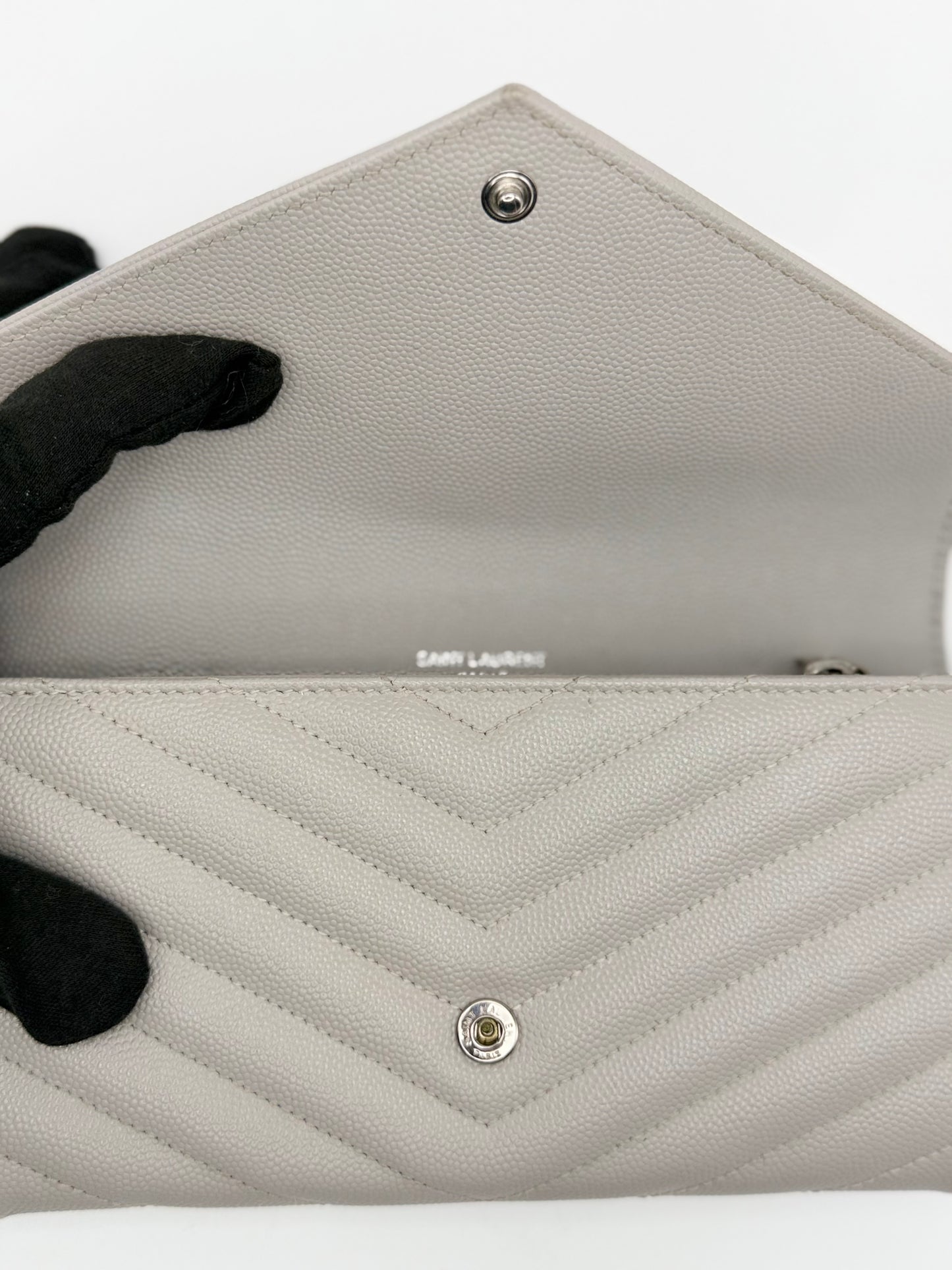 Yves Saint Laurent (YSL) Monogram Large Flap Wallet in Light Grey Quilted Leather - Authentic, Preloved