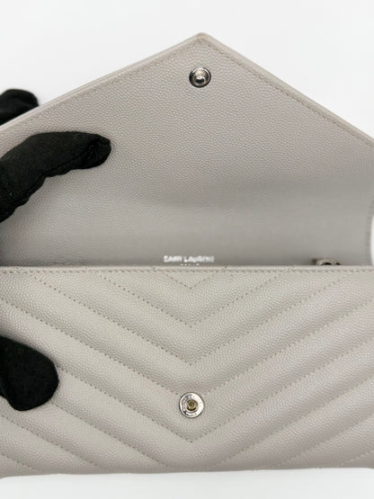 Yves Saint Laurent (YSL) Monogram Large Flap Wallet in Light Grey Quilted Leather - Authentic, Preloved