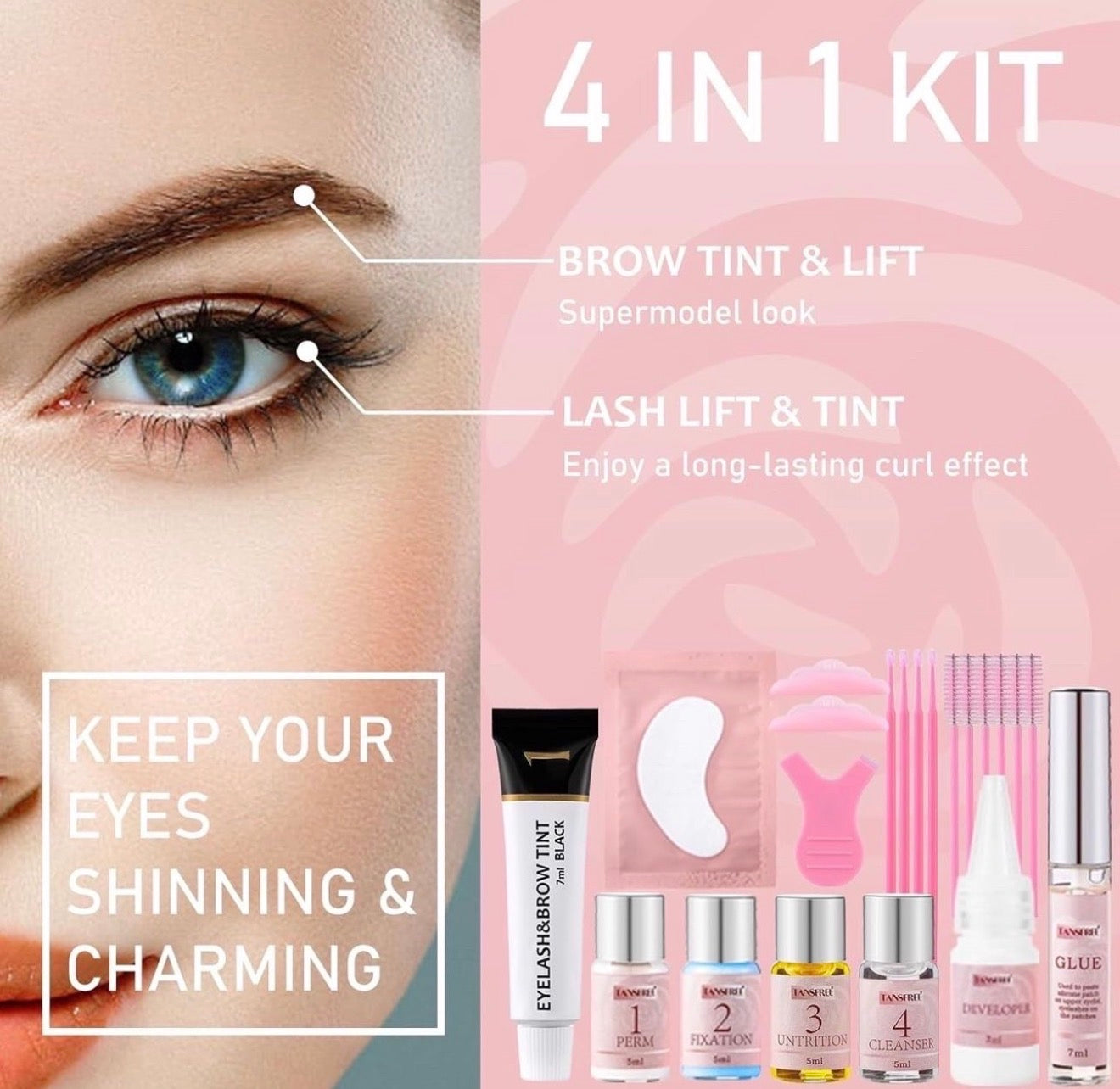 4-in-1 Lash Lift and Brow Lamination Kit with Black Tint | Professional DIY Lash Perm & Brow Laminating Kit | Salon Results Last 6–8 Weeks TRANSFREE