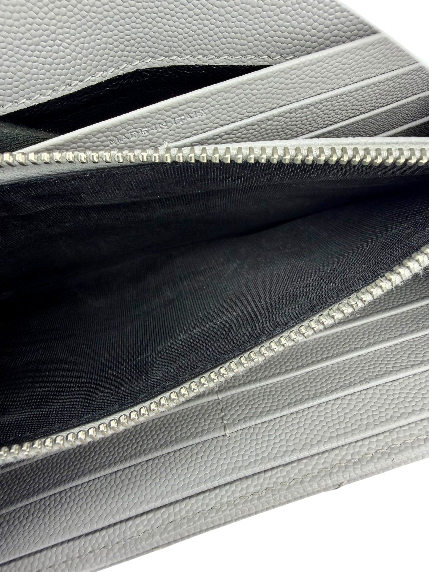 Yves Saint Laurent YSL Cassandre Matelassé Envelope Chain Wallet in Fog (Light Grey) Grain de Poudre Leather with Silver Hardware - AUTHENTIC