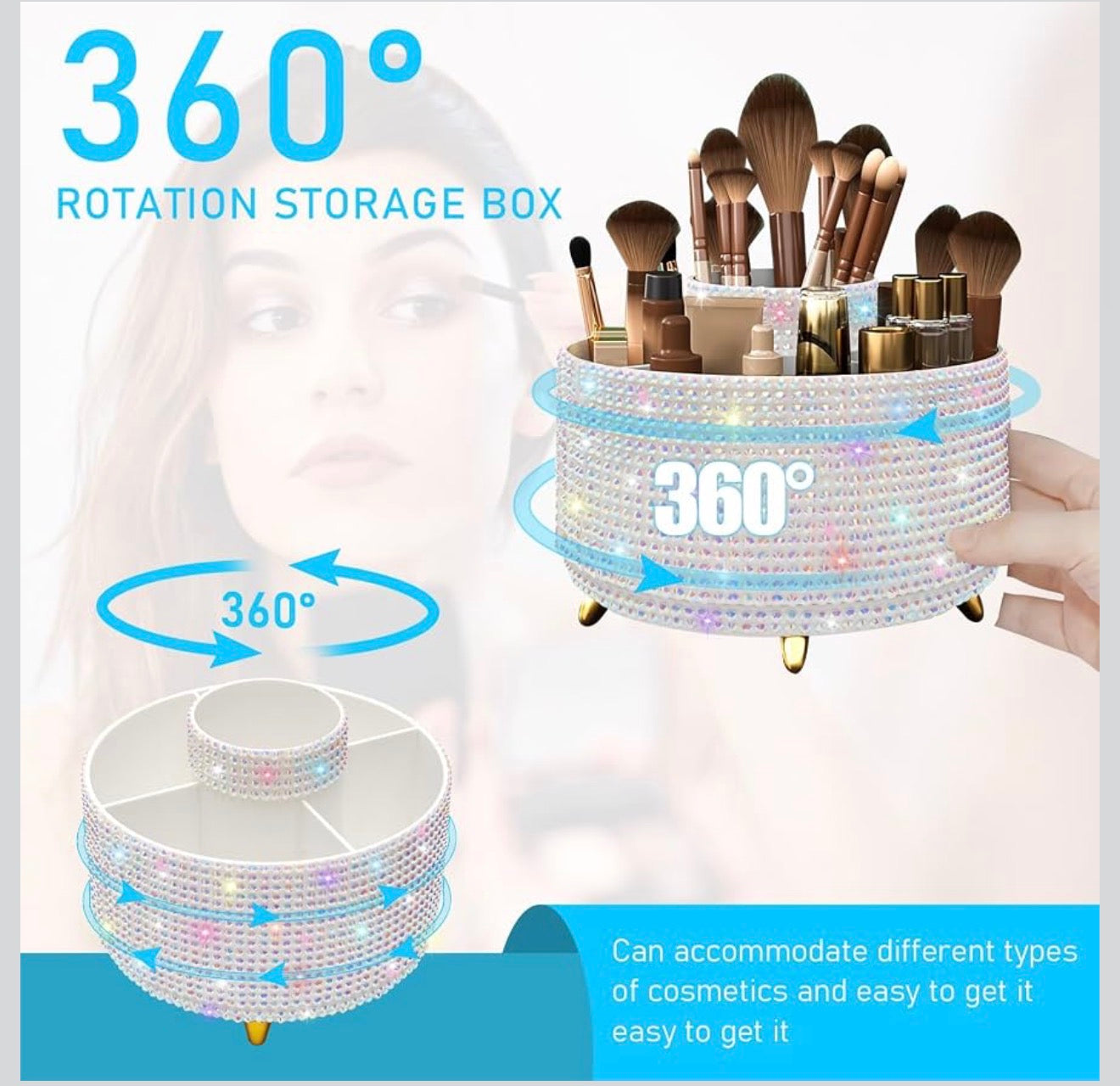 Bling Diamond 360° Rotating Vanity Makeup Brush Holder 5 Slot Cosmetics Organizer