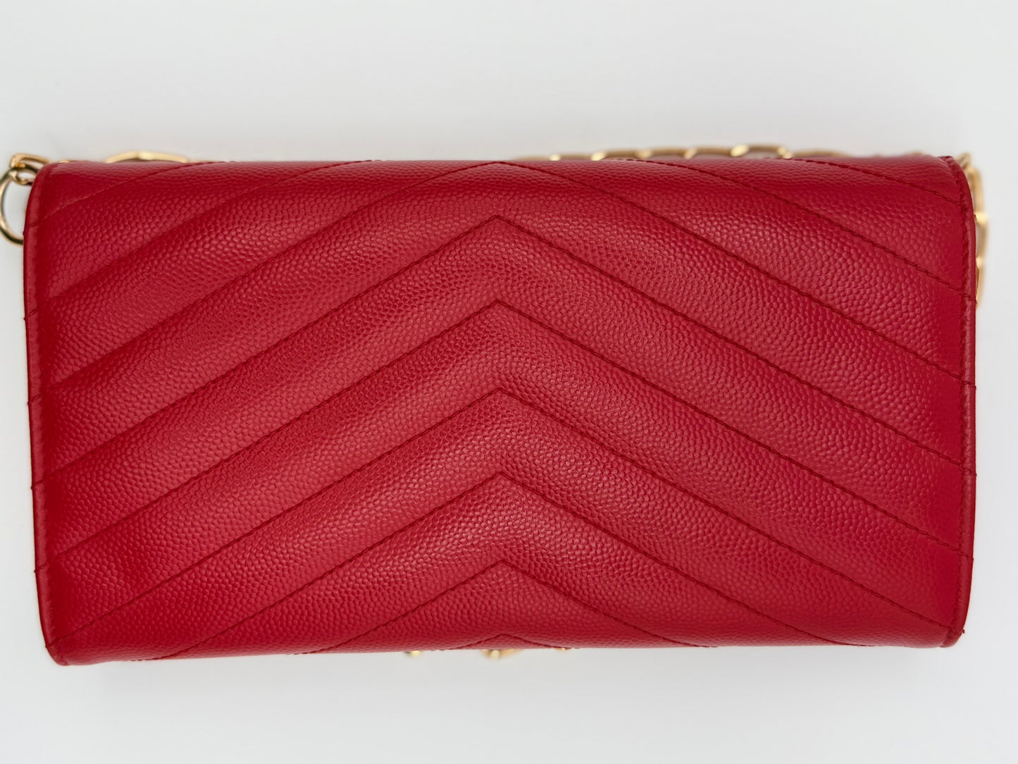 Yves Saint Laurent (YSL) Red Chevron Quilted Leather Envelope Chain Wallet (WOC) - Authentic, Pre Loved