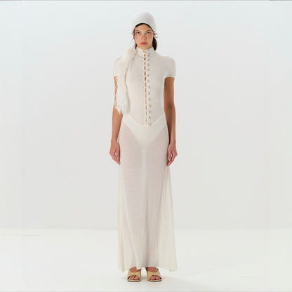 Caroline Baby-Soft Knit Pearl Button Maxi Dress with Built-In Bodysuit