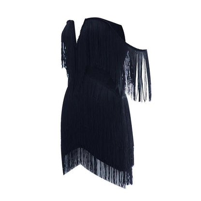 Celestial Chic Black Tassel Off-Shoulder Mini Dress