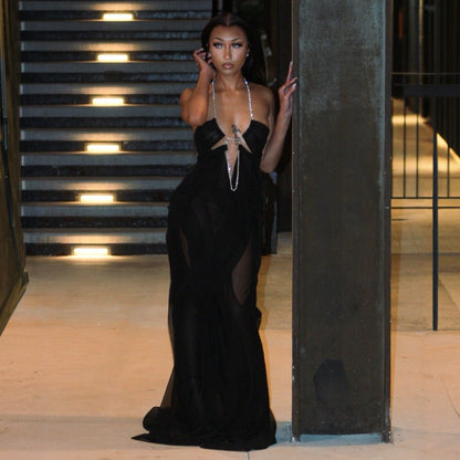 Coral Cascade Sheer Draped Black Maxi Dress With Crystal Detail
