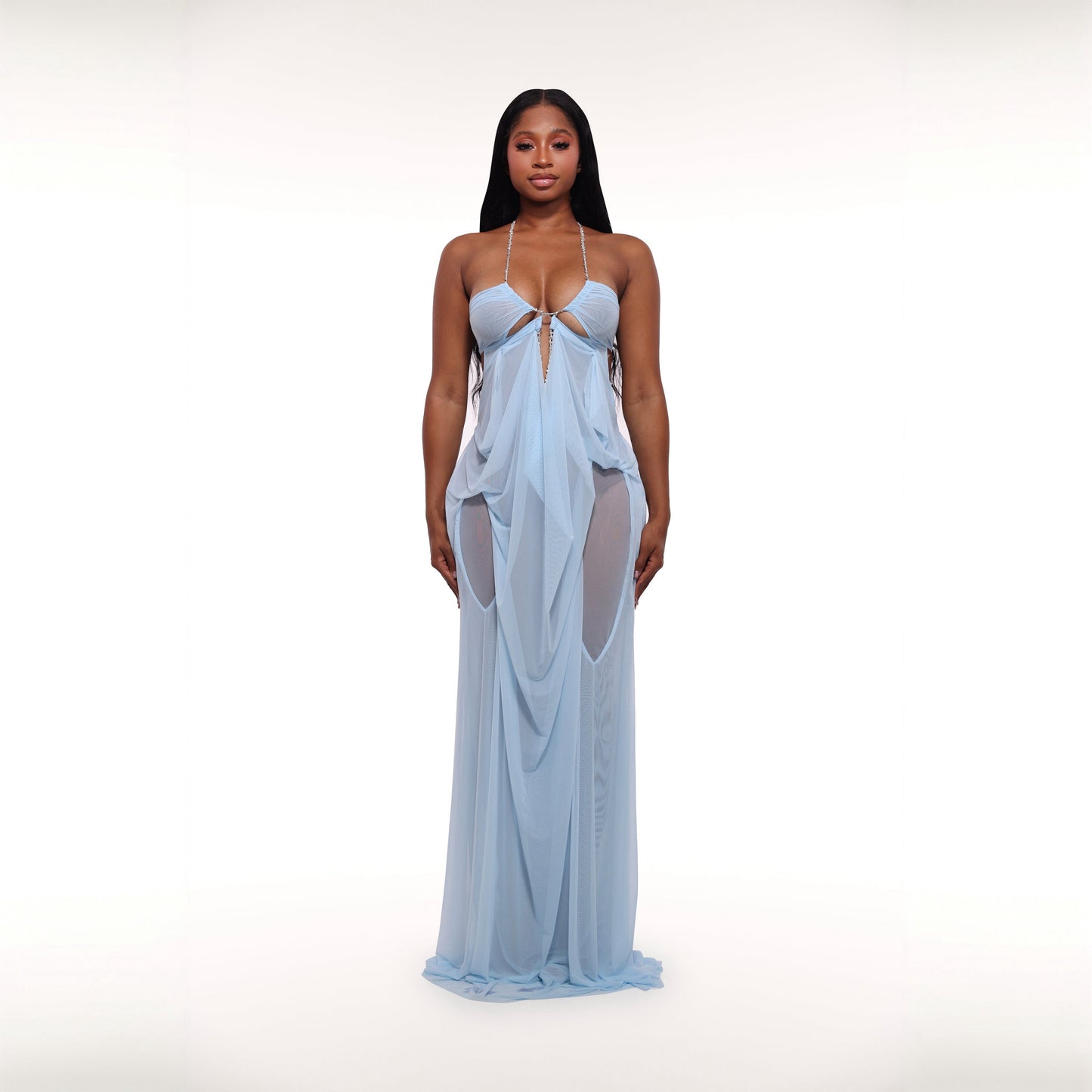 Coral Cascade Sheer Draped Light Blue Maxi Dress With Crystal Detail