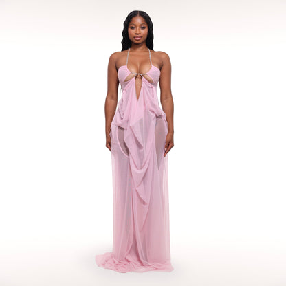 Coral Cascade Sheer Draped Pink Maxi Dress With Crystal Detail