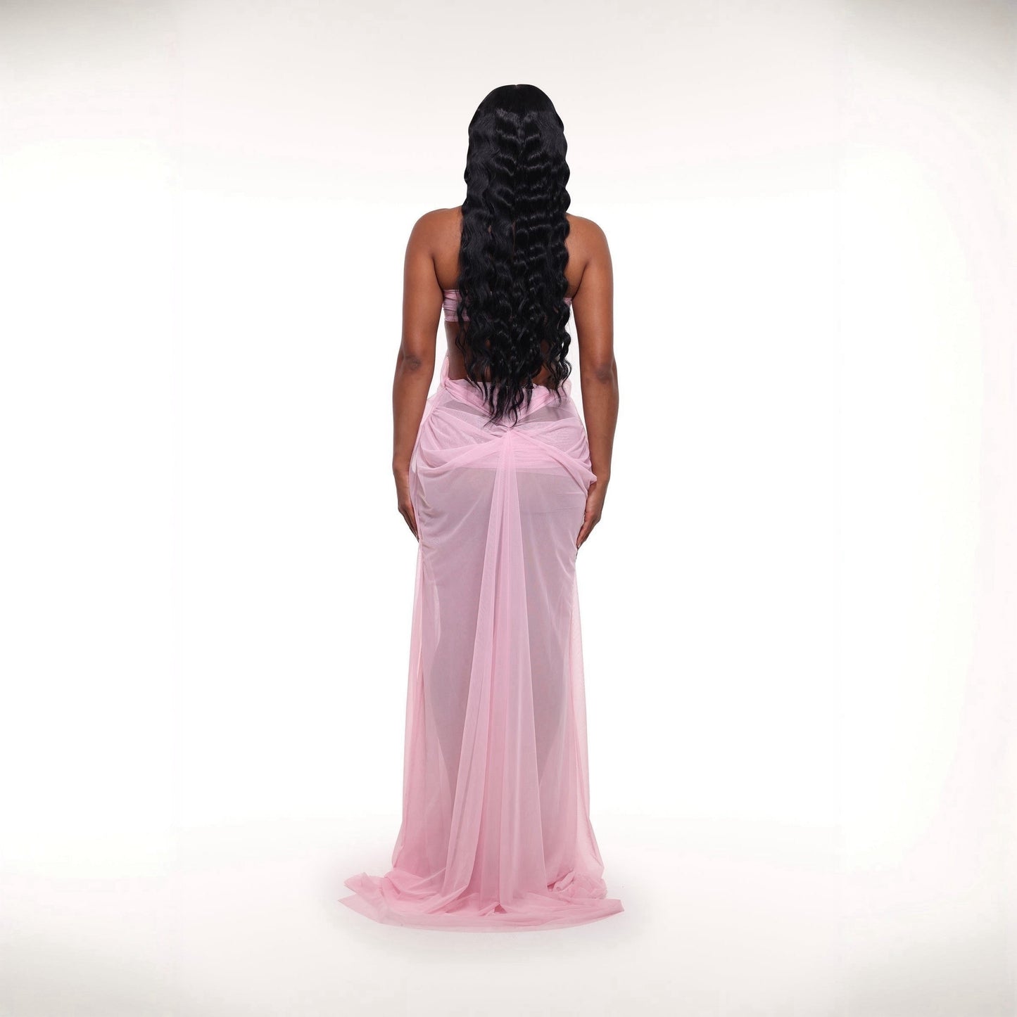 Coral Cascade Sheer Draped Pink Maxi Dress With Crystal Detail