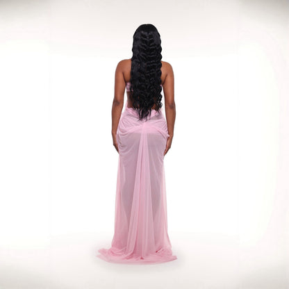 Coral Cascade Sheer Draped Pink Maxi Dress With Crystal Detail