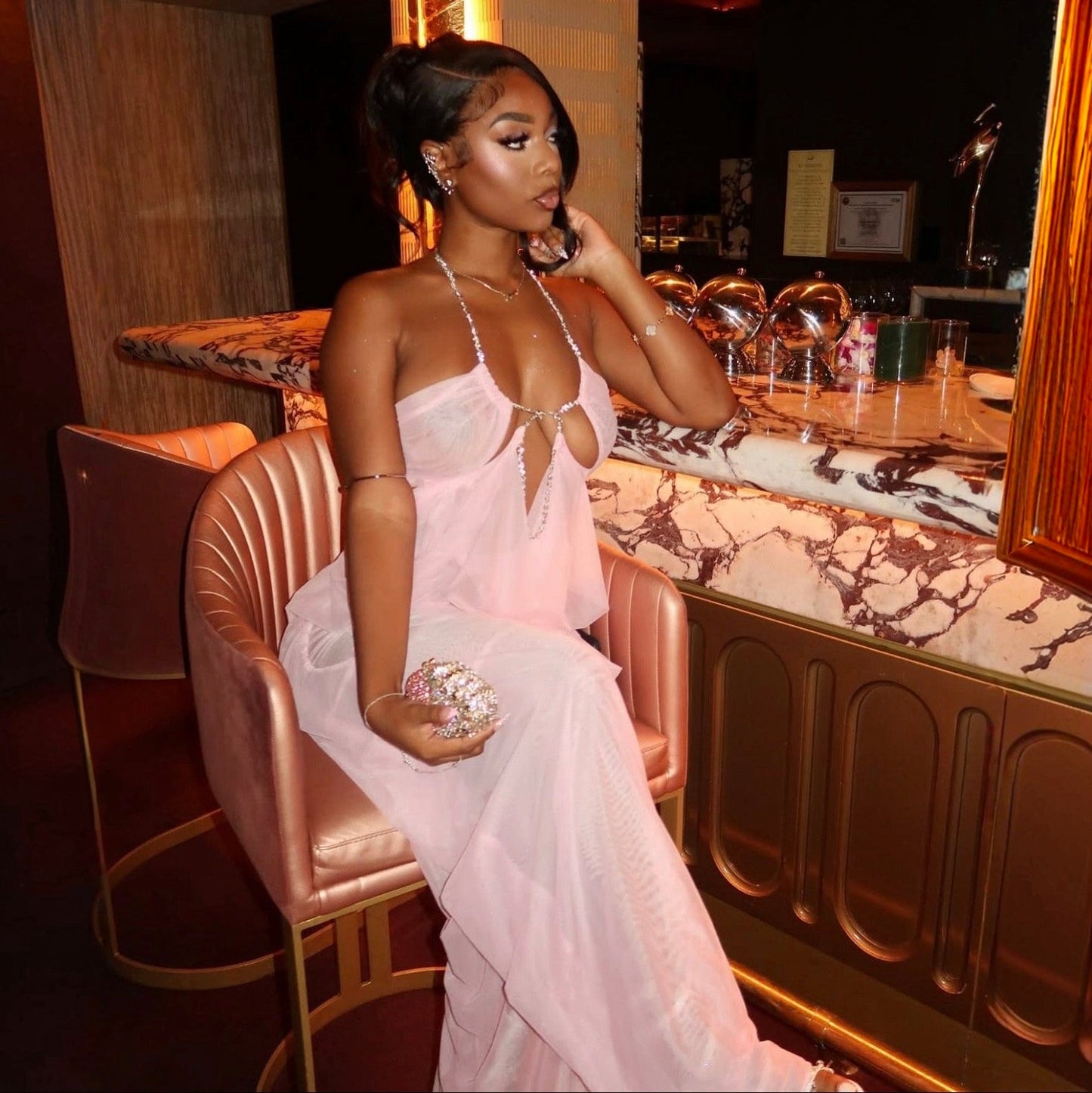 Coral Cascade Sheer Draped Pink Maxi Dress With Crystal Detail
