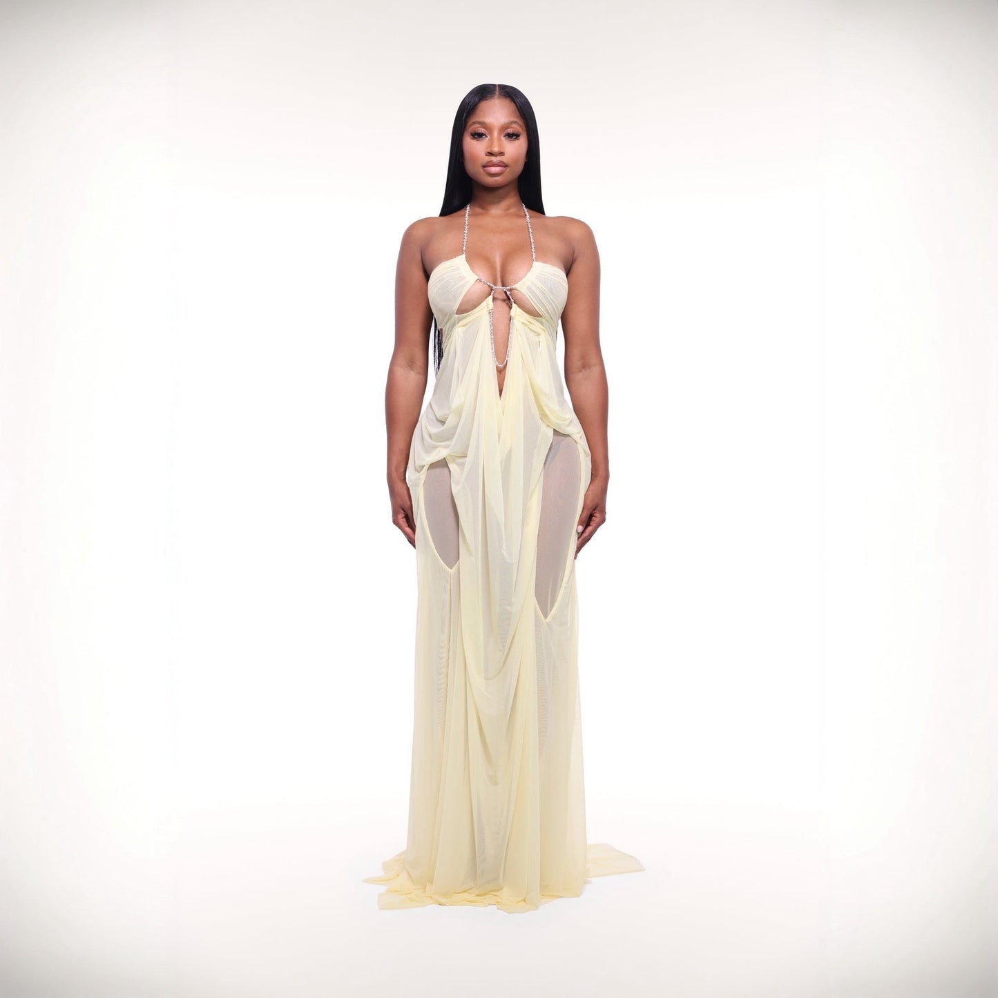 Coral Cascade Sheer Draped Yellow Maxi Dress With Crystal Detail