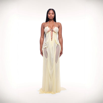 Coral Cascade Sheer Draped Yellow Maxi Dress With Crystal Detail