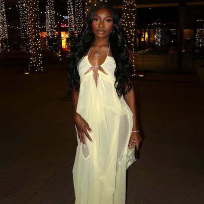 Coral Cascade Sheer Draped Yellow Maxi Dress With Crystal Detail