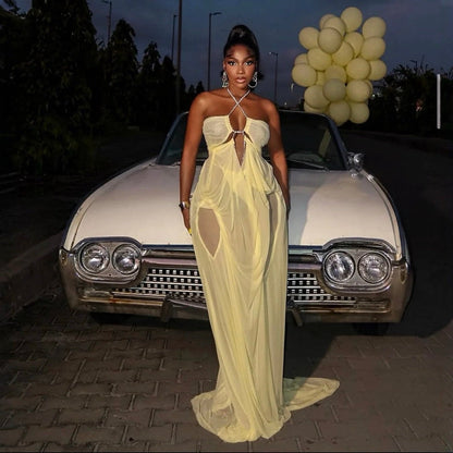 Coral Cascade Sheer Draped Yellow Maxi Dress With Crystal Detail
