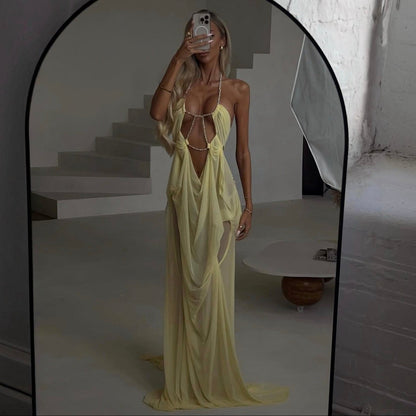 Coral Cascade Sheer Draped Yellow Maxi Dress With Crystal Detail