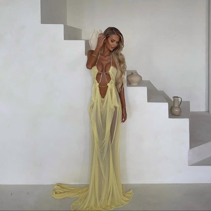 Coral Cascade Sheer Draped Yellow Maxi Dress With Crystal Detail