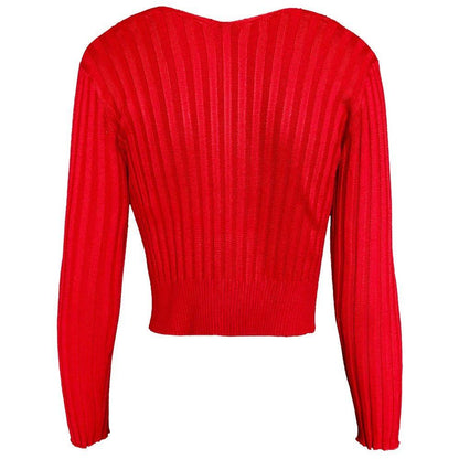 Cosmopolitan Red Ribbed Knit Top with Chain Detail