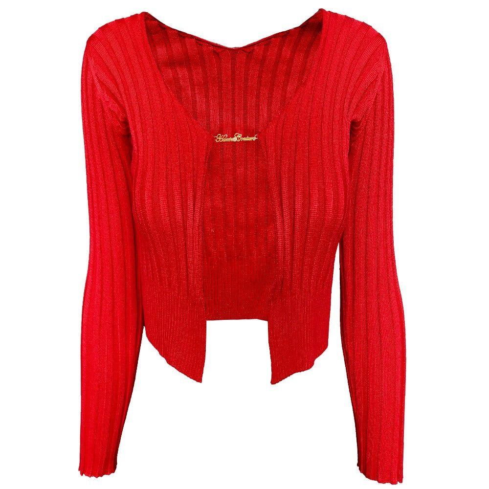 Cosmopolitan Red Ribbed Knit Top with Chain Detail