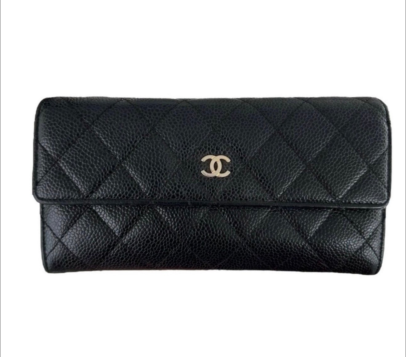 CHANEL Black Caviar Quilted Leather Classic Flap Long Wallet with Chain - Preloved