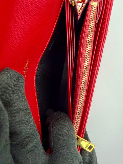 Yves Saint Laurent (YSL) Red Chevron Quilted Leather Envelope Chain Wallet (WOC) - Authentic, Pre Loved