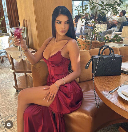 Maeve Corset Midi Dress - Burgundy