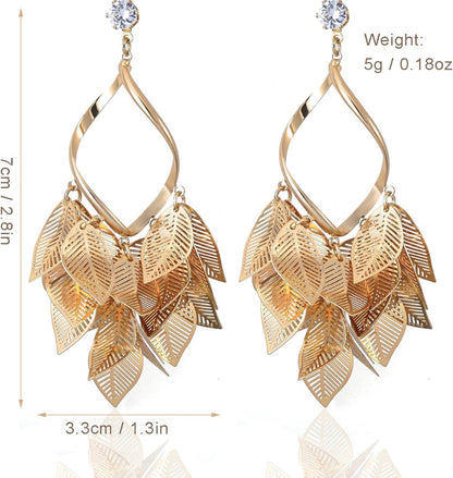 Gold Leaf Dangle Earrings for Women Nature-Inspired 925 Sterling Silver Twisted Chandelier Jewelry with Cubic Zirconia