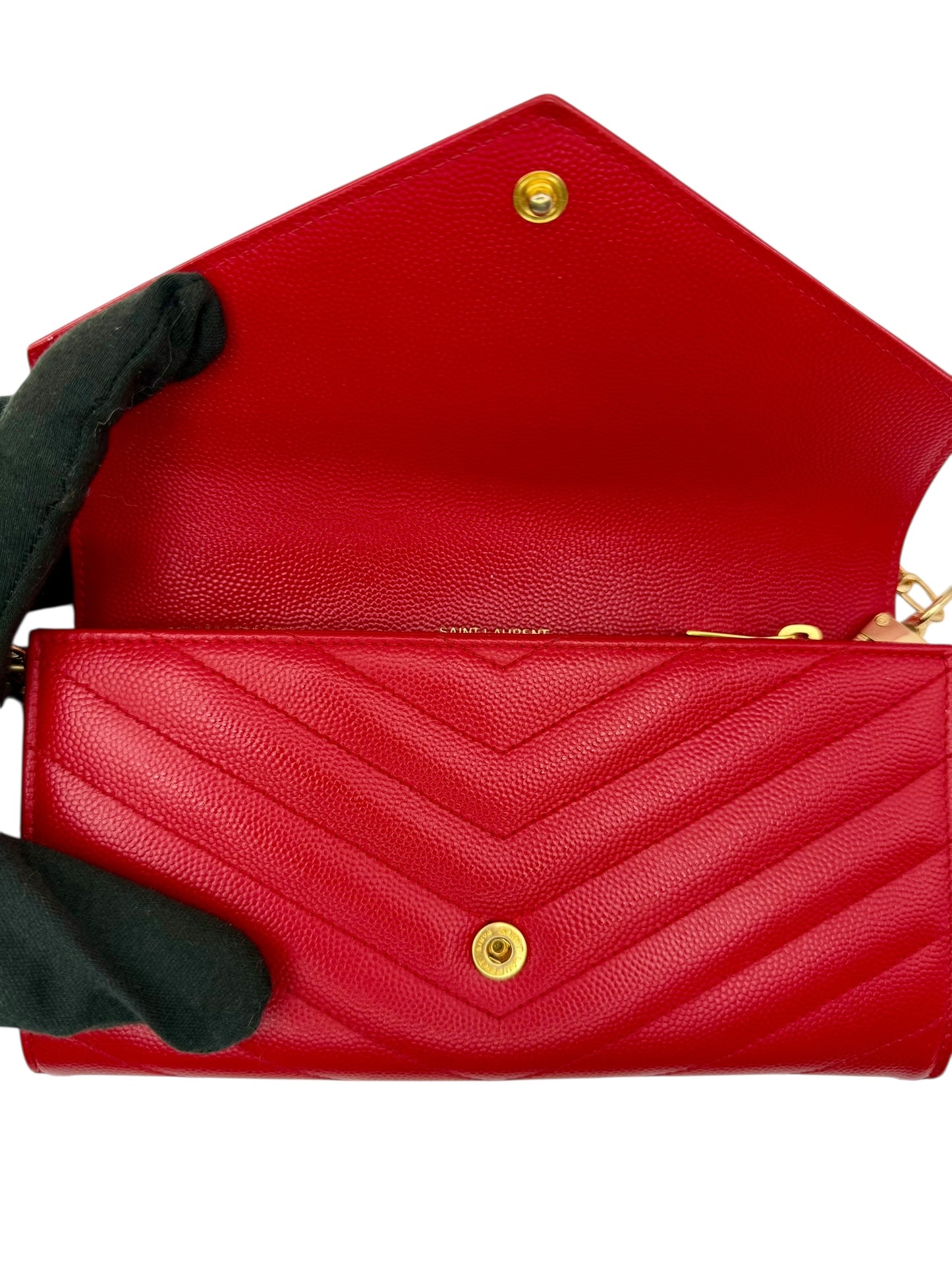 Yves Saint Laurent Monogram Envelope Chain Wallet Crossbody in Red Grain de Poudre Leather with Gold Hardware