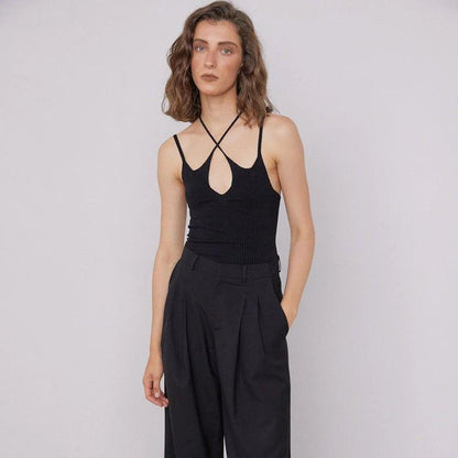 Damian Black Cotton Cross Halter Top
