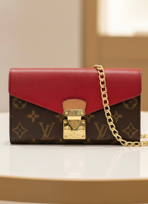 Louis Vuitton Pallas Wallet with Chain - Monogram Canvas & Scarlet Red Calfskin Leather - Excellent Preloved Condition