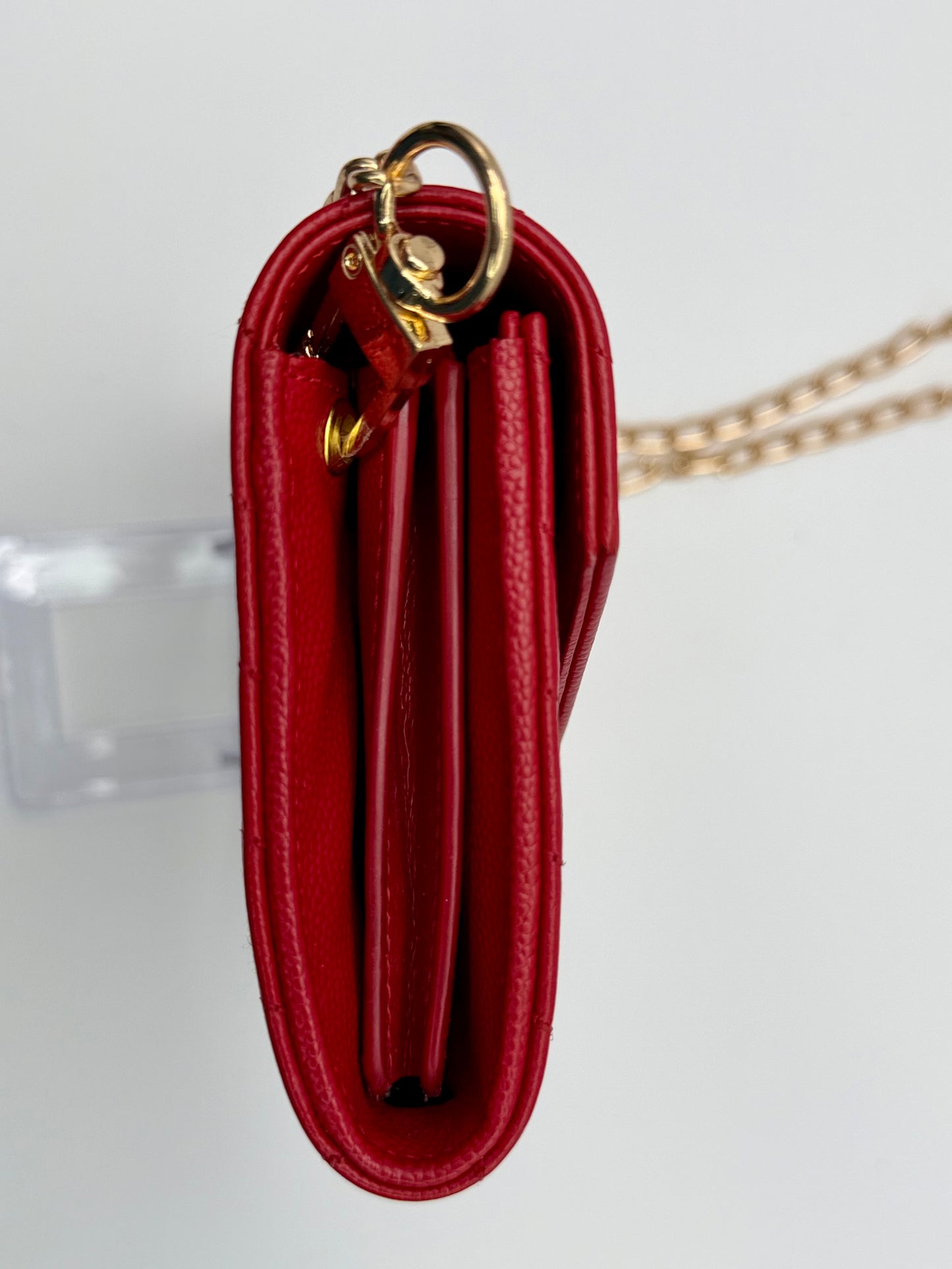 Yves Saint Laurent (YSL) Red Chevron Quilted Leather Envelope Chain Wallet (WOC) - Authentic, Pre Loved