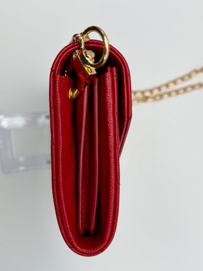 Yves Saint Laurent (YSL) Red Chevron Quilted Leather Envelope Chain Wallet (WOC) - Authentic, Pre Loved