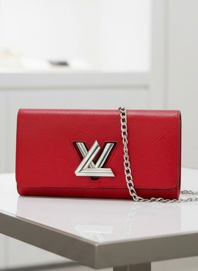 Authentic Louis Vuitton Twist Epi Leather Coquelicot Red Silver Hardware WOC Wallet on Chain