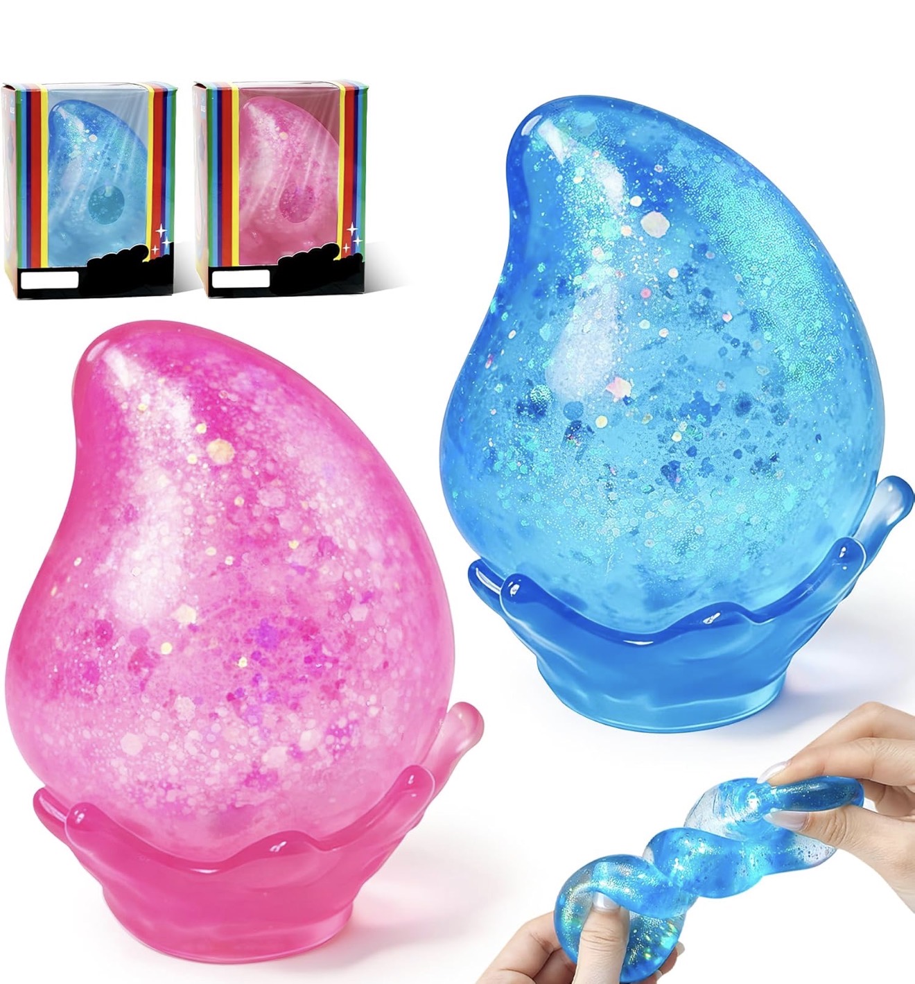 Dream Drop Glitter Slow-Rise Sugar Squish Squeeze Toy w/ Removable Splash Display Stand
