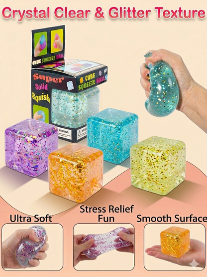 Large Glitter Cube Stress Ball Sensory Toy Ultra-Soft TPR Sugar Maltose Squish Fidget 5.5cm