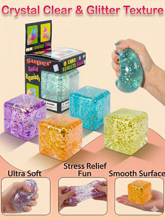 Large Glitter Cube Stress Ball Sensory Toy Ultra-Soft TPR Sugar Maltose Squish Fidget 5.5cm