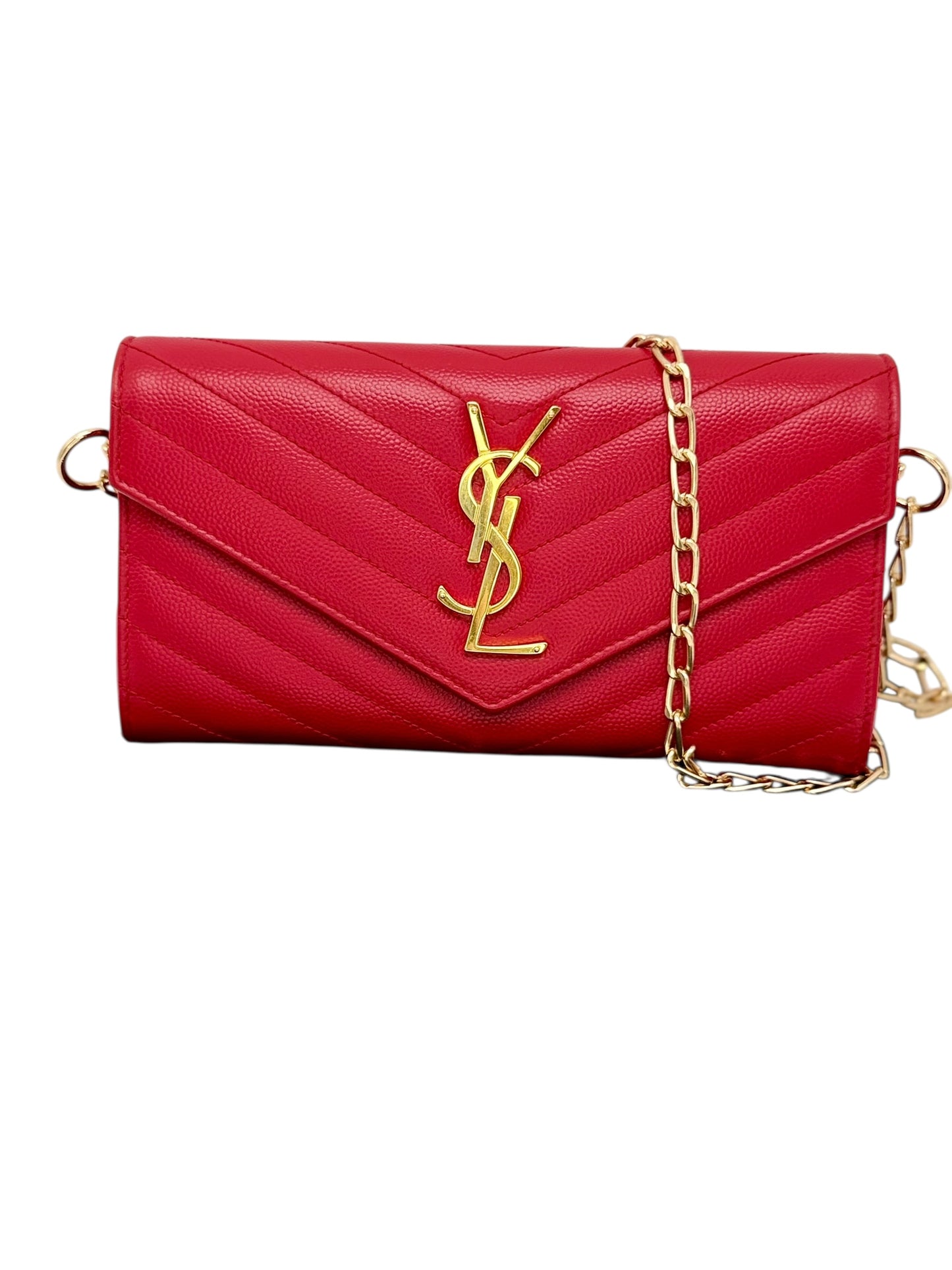Yves Saint Laurent Monogram Envelope Chain Wallet Crossbody in Red Grain de Poudre Leather with Gold Hardware