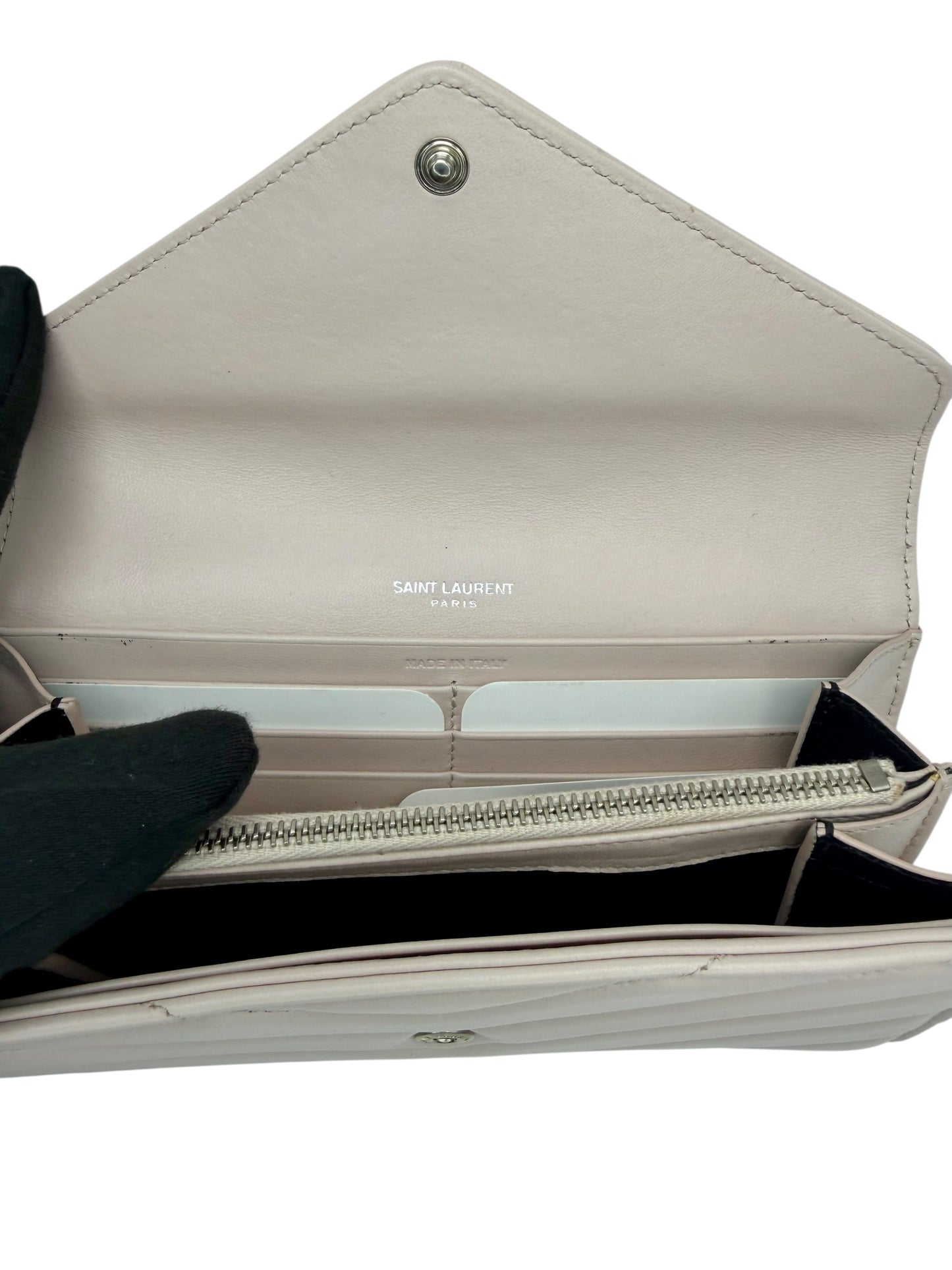 Yves Saint Laurent YSL Cassandre Matelassé Envelope Chain Wallet in Fog (Light Grey) Grain de Poudre Leather with Silver Hardware - AUTHENTIC