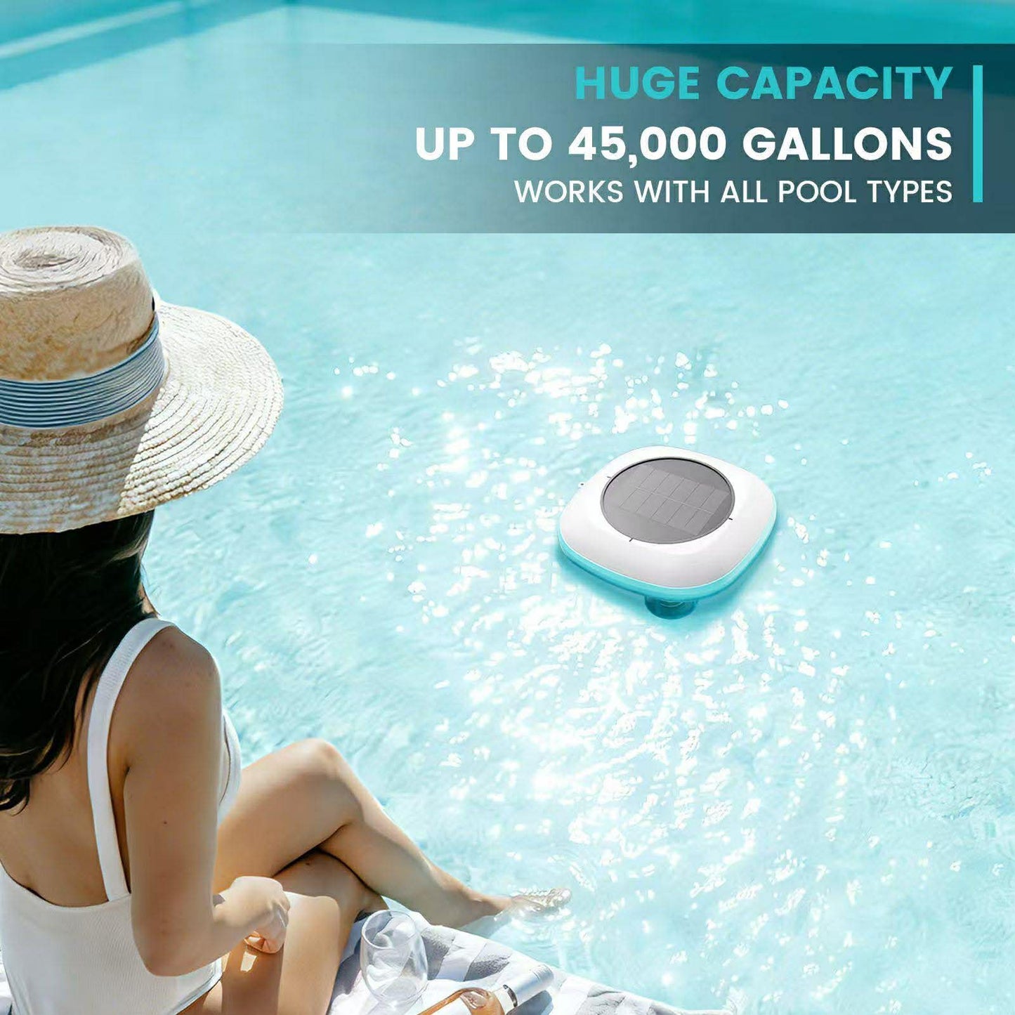 SOLAR POOL IONIZER, CHEMICAL-FREE FLOATING WATER PURIFIER, UP TO 45,000 GALLONS