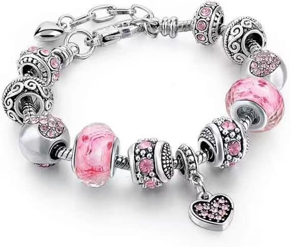 Pink Hearts Silver Plated Charm Bracelet Set