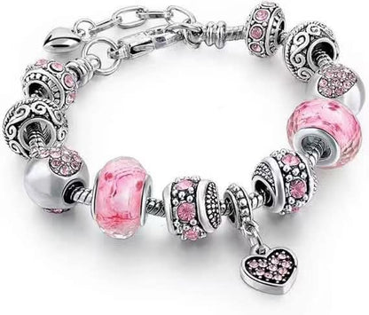 Pink Hearts Silver Plated Charm Bracelet Set