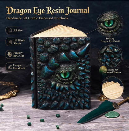 3D Dragon Eye Resin Journal – Handmade Gothic Embossed A5 Notebook, Blank Vintage Fantasy Diary & RPG Spellbook