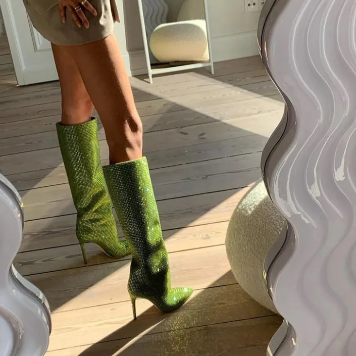 Fashionista Green Rhinestone Stiletto Boots