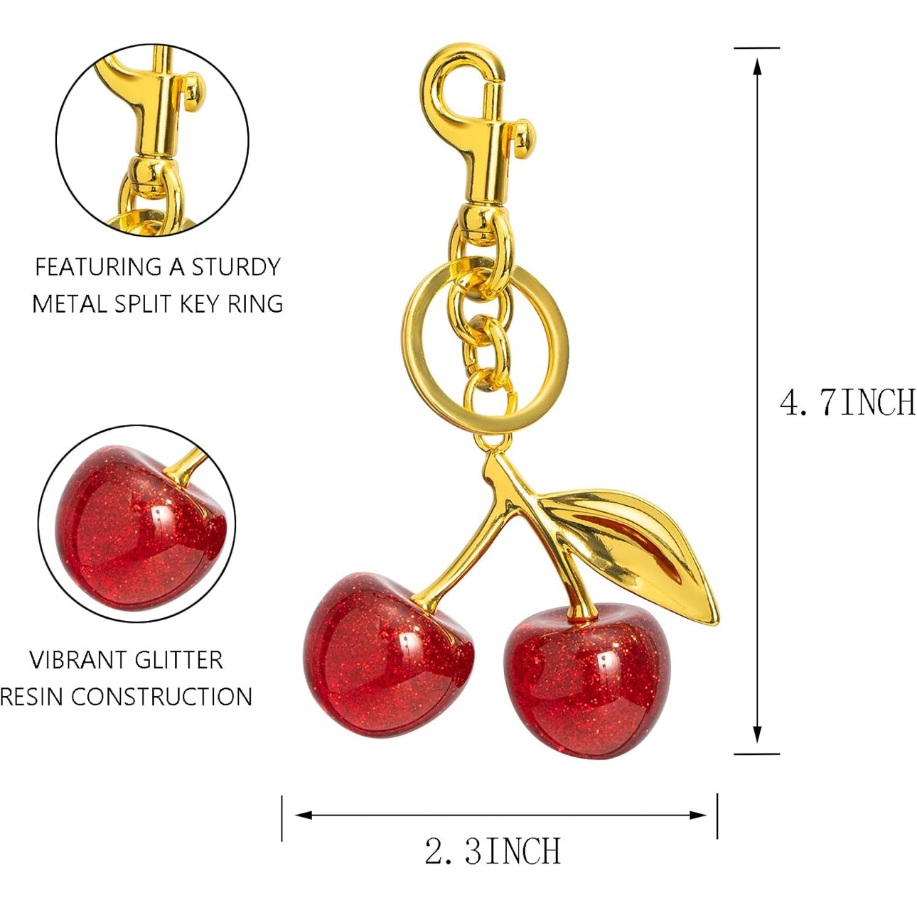 Sparkling Red Cherry Keychain - Vibrant Glitter Resin Fruit Bag Charm with Gold Swivel Clasp - Cute Accessory for Purses, Backpacks, and Keys