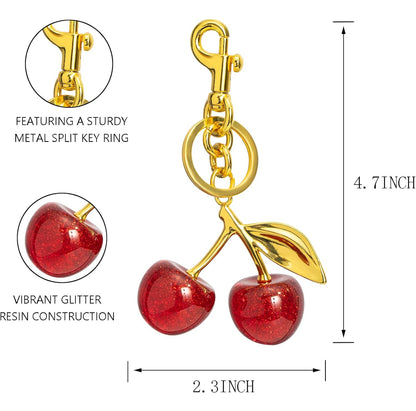 Sparkling Red Cherry Keychain - Vibrant Glitter Resin Fruit Bag Charm with Gold Swivel Clasp - Cute Accessory for Purses, Backpacks, and Keys