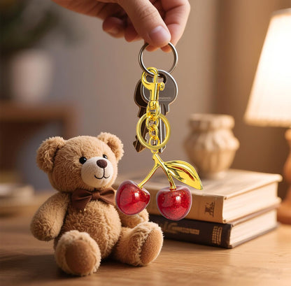 Sparkling Red Cherry Keychain - Vibrant Glitter Resin Fruit Bag Charm with Gold Swivel Clasp - Cute Accessory for Purses, Backpacks, and Keys